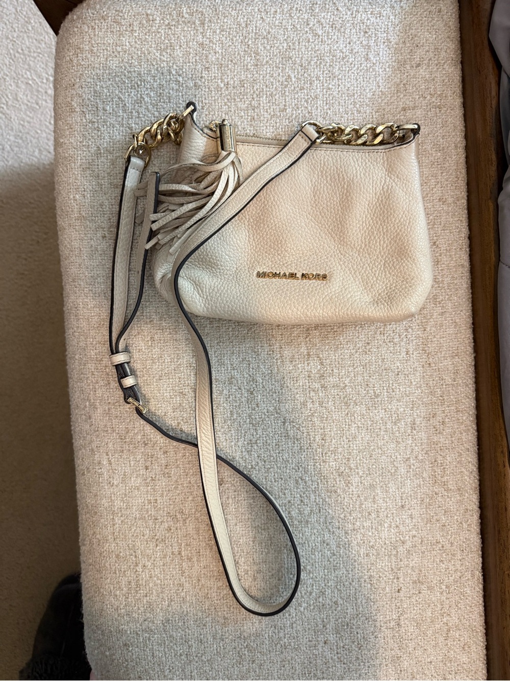Michael Kors Ivory Leather Crossbody with Tassel and Gold Chain